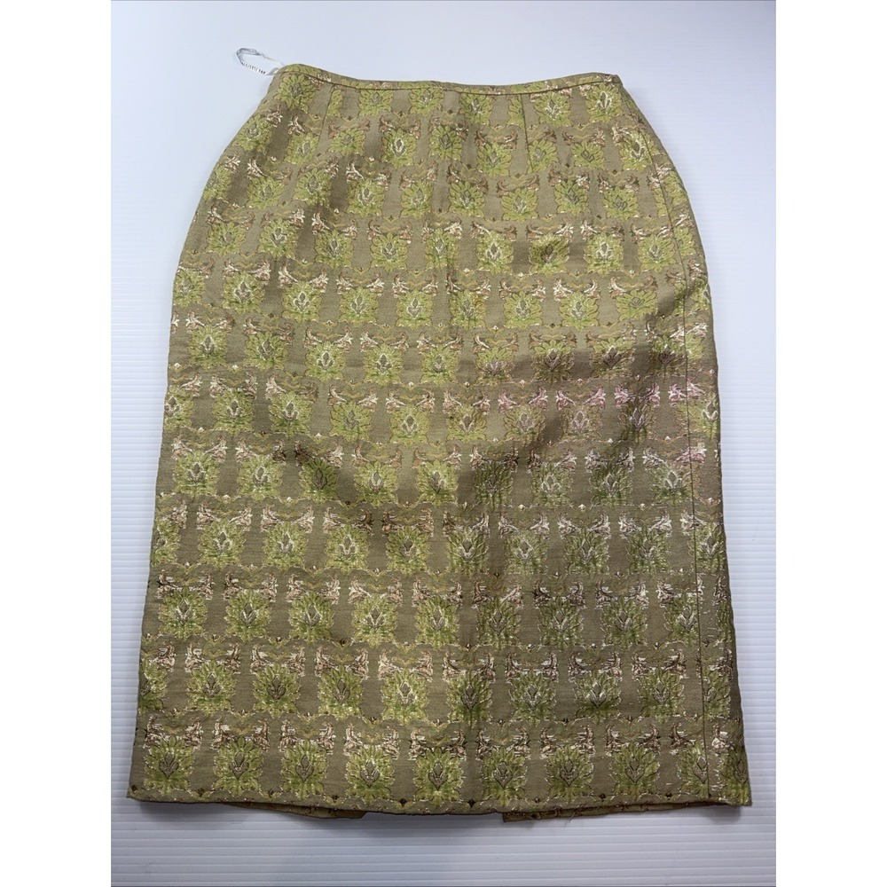 Lafayette 148 NY Gold Green Brocade Metallic Pencil Skirt Sz 4 Floral Embossed
